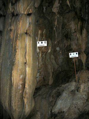 洞内最大の巨大な鍾乳石「天降石」。 記念の滝のすぐ上にある。